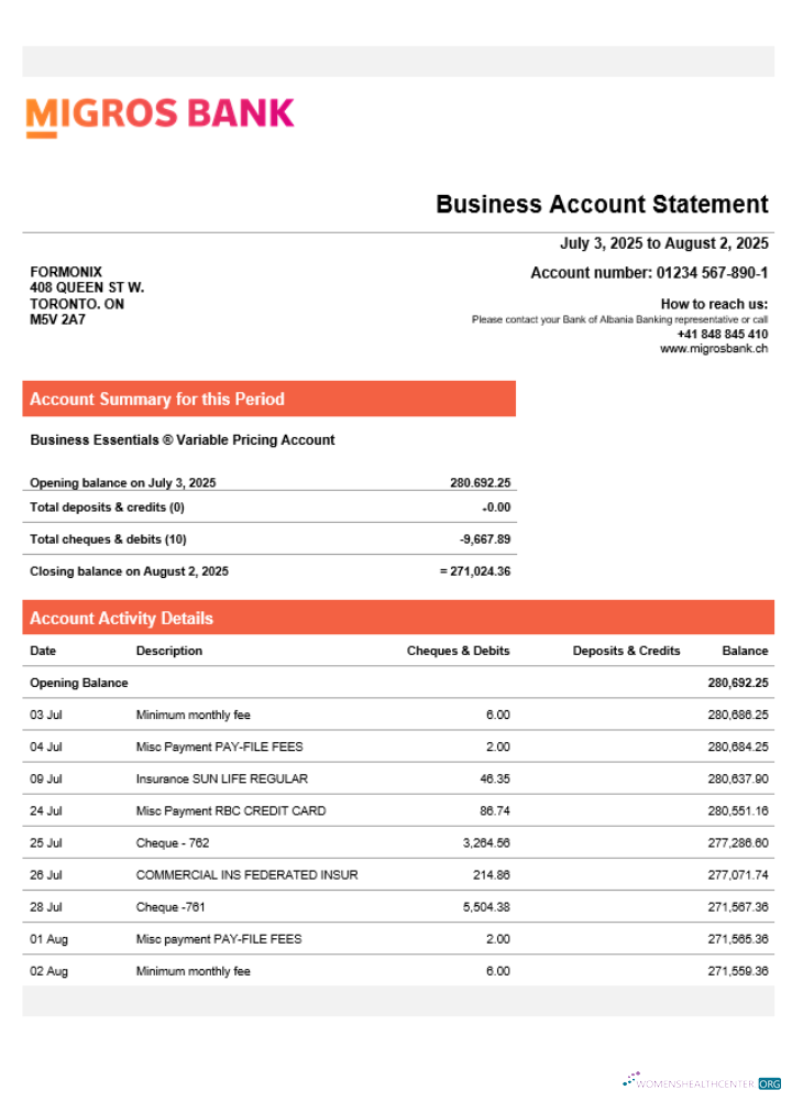 Download Swiss Migrosbank enterprise statement Word and PDF format Photoshop template